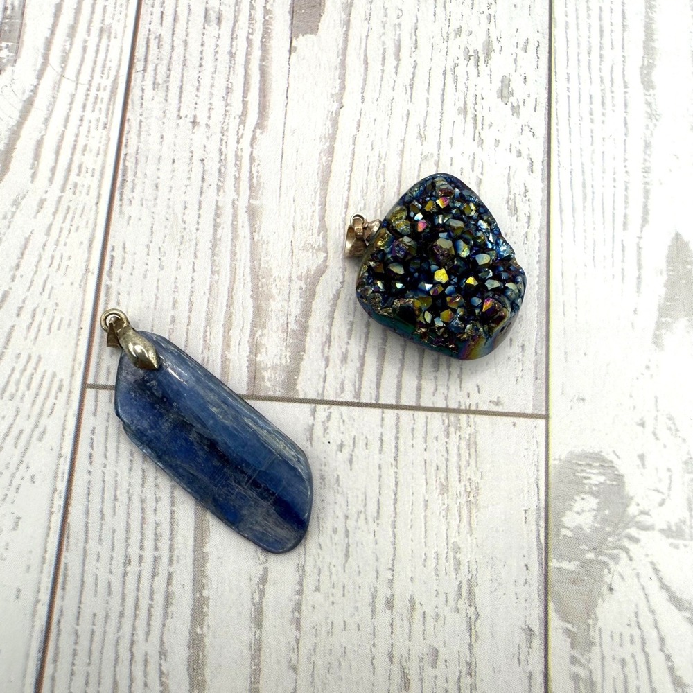 Druzy Quartz Pendant & Blue Kyanite Pendant Set Raw Crystal Healing Jewelry‎